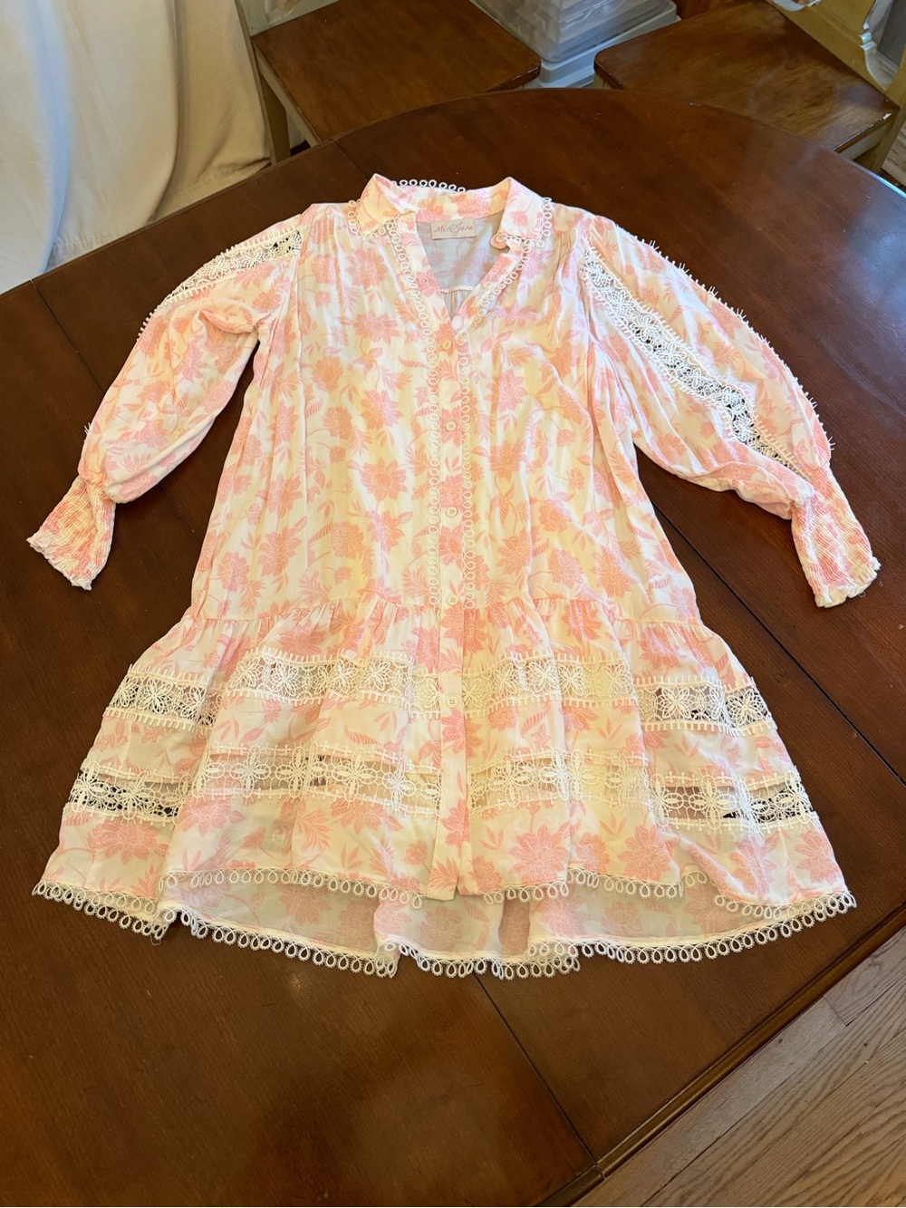Miss June Paris Light Pink & White Floral Eyelet Long Sleeve Dress - Picture 1 of 6